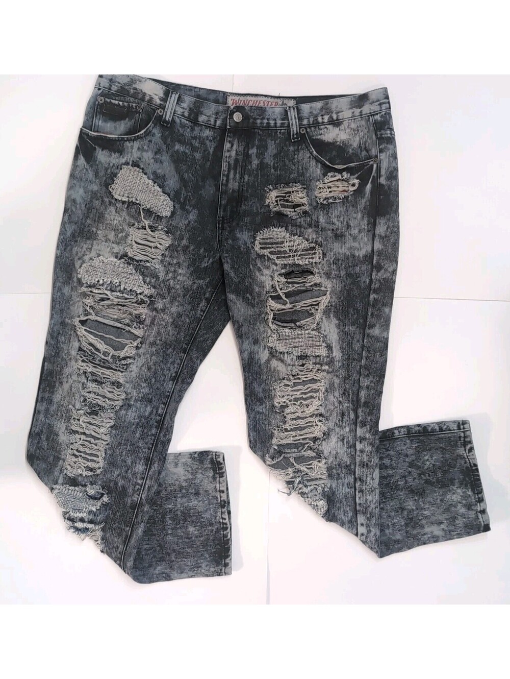 Acid Washed Destroyed Jeans Charcoal Gray 40x32 Big & Tall Winchester Distressed